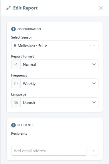 Edit Report panel with sensor, format, frequency, language, and recipients.
