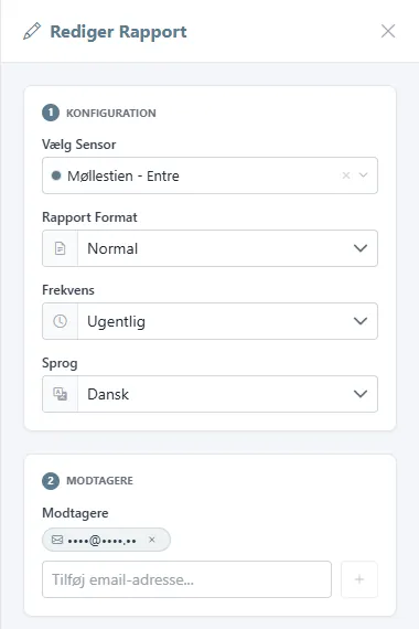 Panelet Rediger Rapport med sensor, format, frekvens, sprog og modtagere.