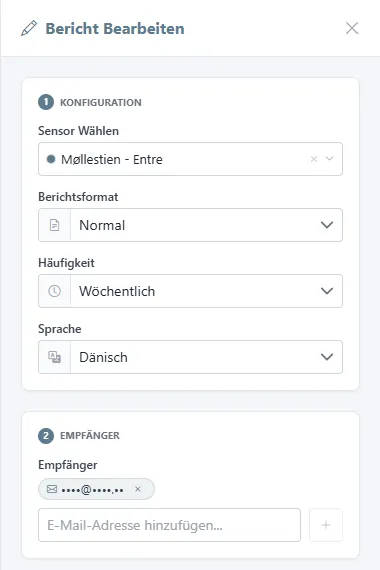 Panel Bericht bearbeiten mit Sensor, Format, Häufigkeit, Sprache und Empfängern.