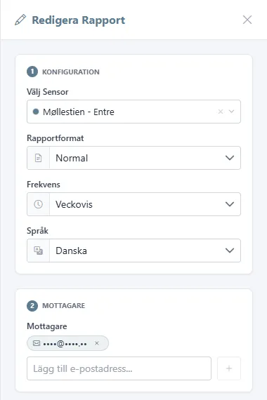 Panelen Redigera Rapport med sensor, format, frekvens, språk och mottagare.