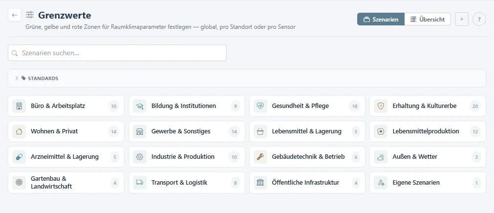 Seite Grenzwerte im Reiter Szenarien mit Normfilter und Szenariogruppen.