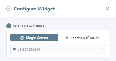 Configure Widget panel on step 1, with Single Sensor selected and the sensor field ready to open.