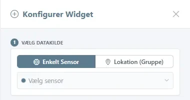 Panelet Konfigurer Widget på trin 1 med Enkelt Sensor valgt og sensorfeltet klar til at åbne.