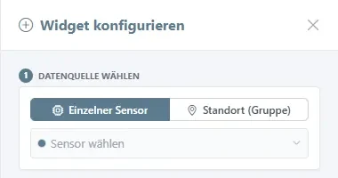 Panel Widget konfigurieren in Schritt 1 mit gewähltem Einzelner Sensor und dem Sensorfeld zum Öffnen.
