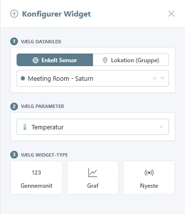 Panelet Konfigurer Widget med Temperatur valgt, Graf som widget-type og periodeknapperne.