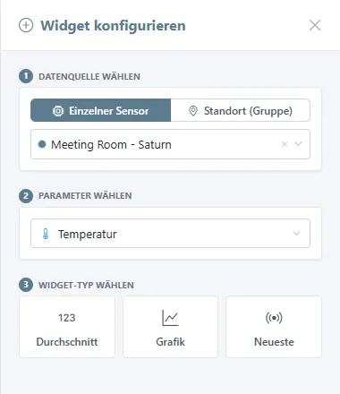 Panel Widget konfigurieren mit gewählter Temperatur, Grafik als Widget-Typ und den Zeitraum-Chips.