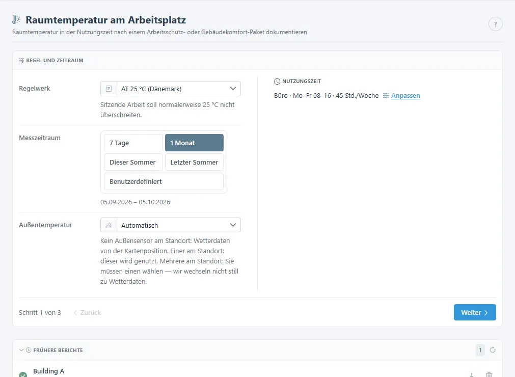 Seite Arbeitsplatzwärme mit Regelwerk, Messzeitraum und Nutzungszeit.