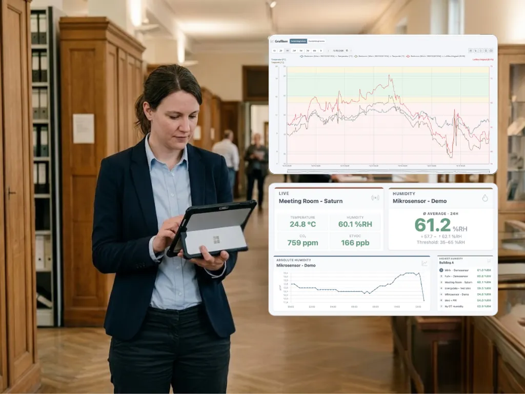 Kollega, der tjekker indeklimamålinger på en tablet