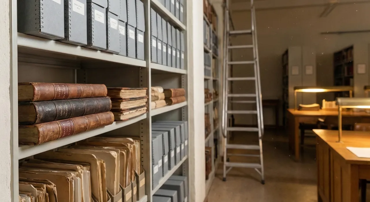 Rows of shelved books and documents in an archive