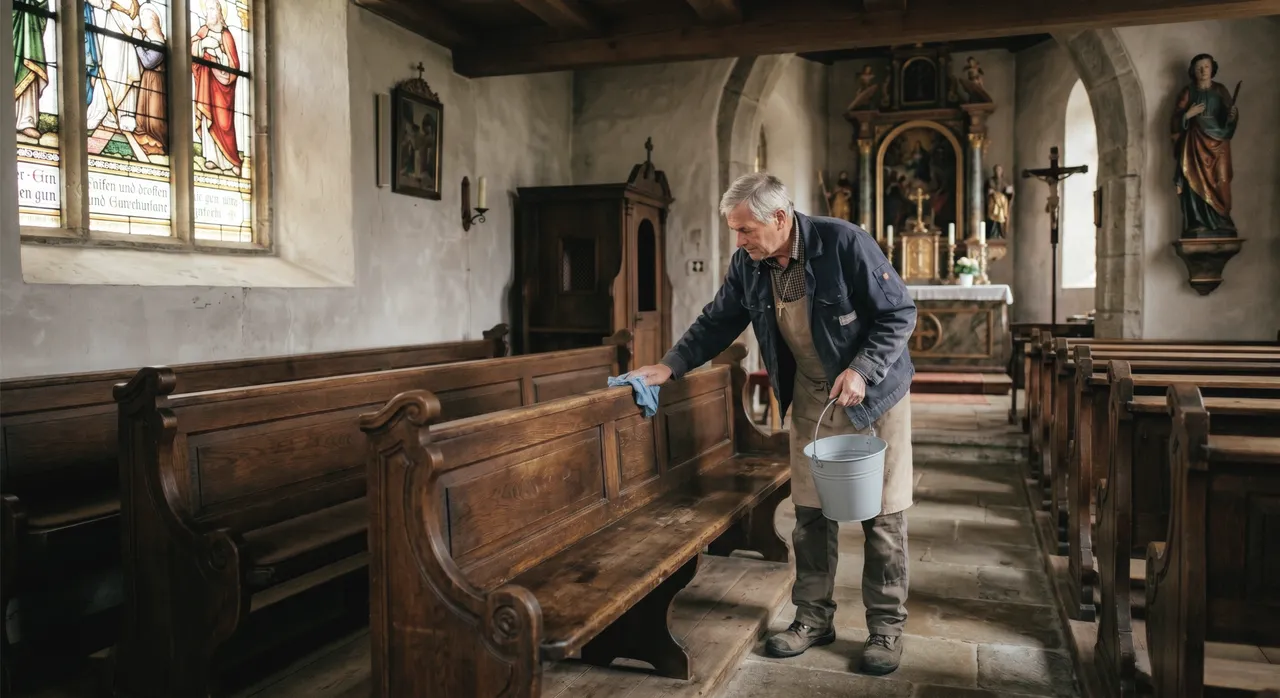 Interior of a historic church with wooden pews