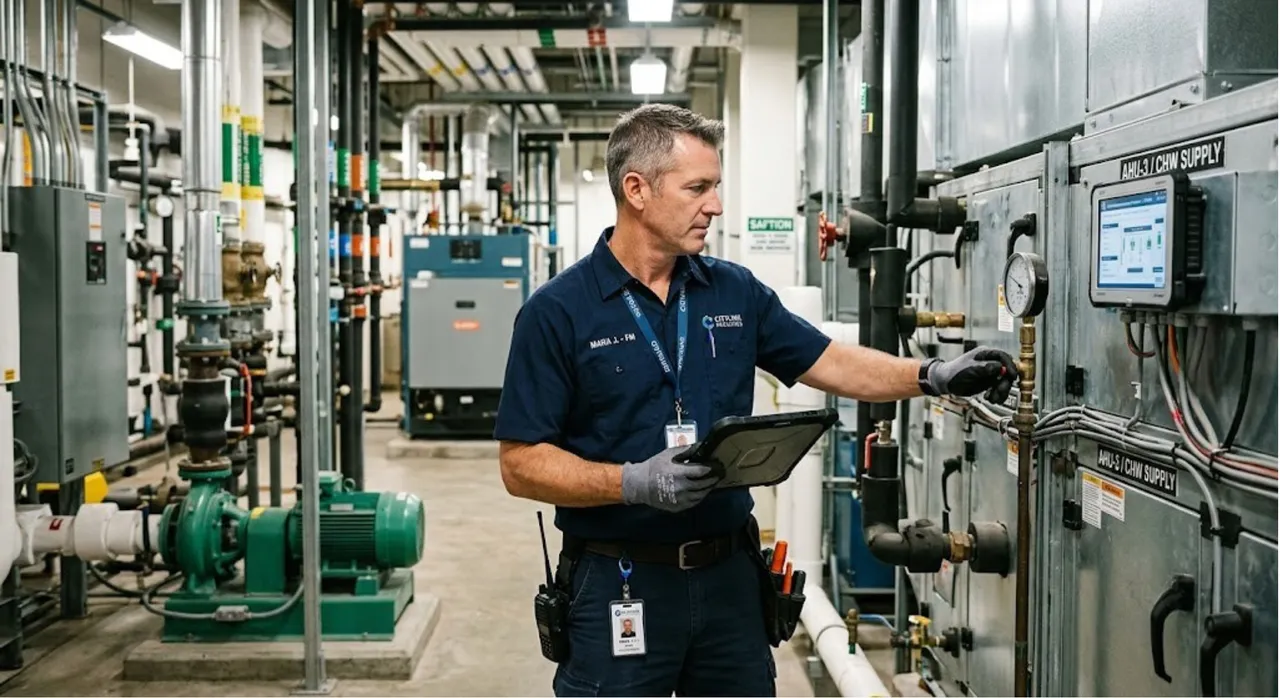Facility-management team maintaining a commercial building