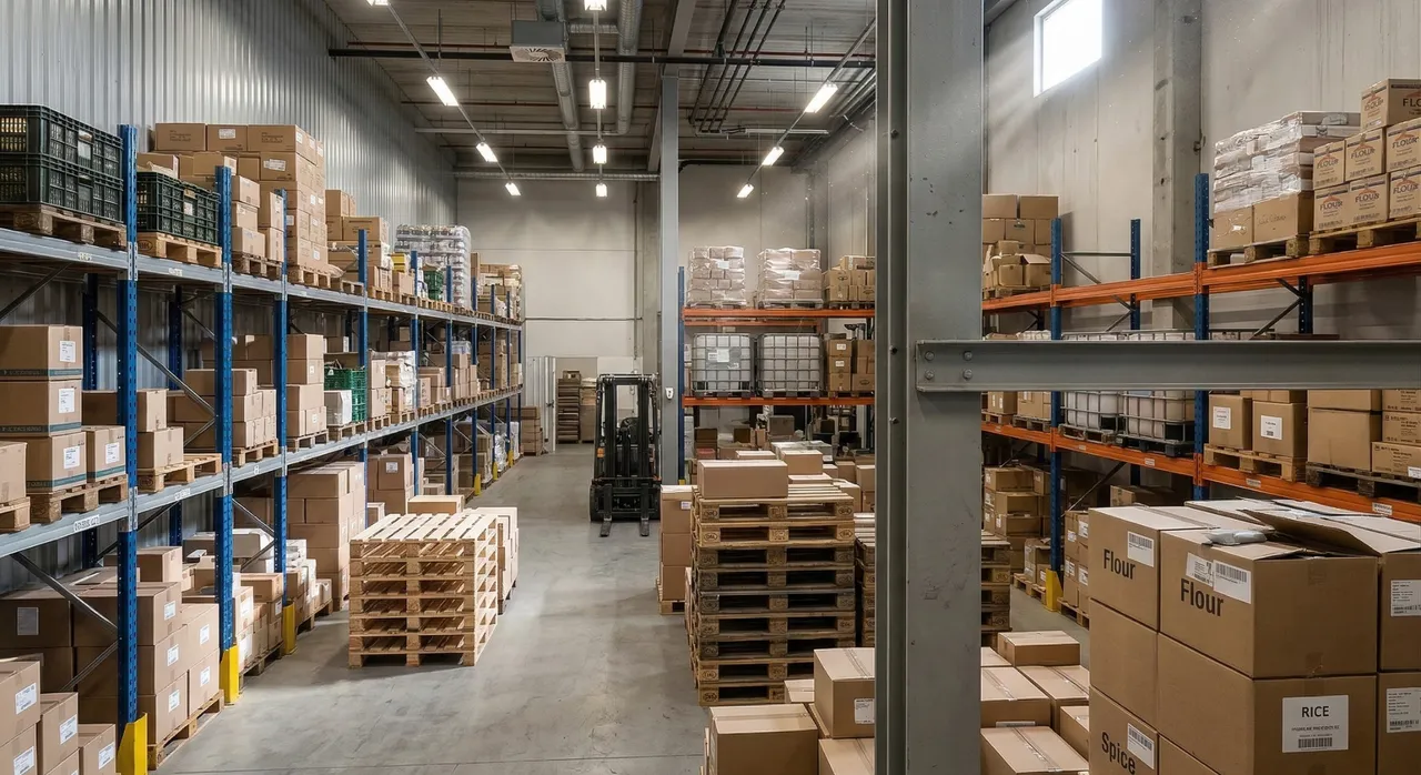Tall storage shelving in a logistics warehouse