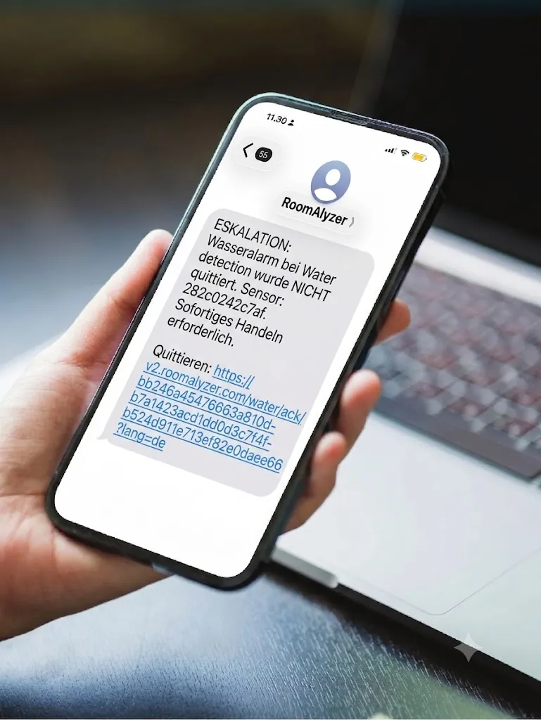 Water detectionsalarm per SMS und E-Mail in RoomAlyzer