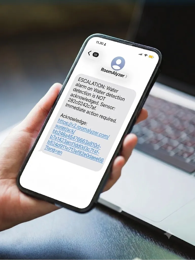 Water detection alert sent by SMS and email in RoomAlyzer