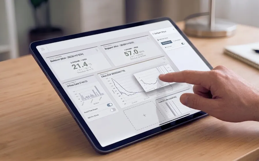 Hånd, der arrangerer widgets på en RoomAlyzer-dashboard-tablet