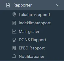 RoomAlyzer-rapportermenu med DGNB- og EPBD-muligheder