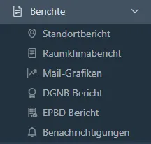RoomAlyzer-Berichtsmenü mit DGNB- und EPBD-Optionen