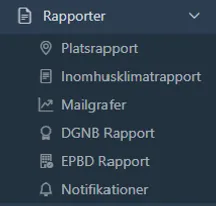 RoomAlyzer-rapportmeny med DGNB- och EPBD-alternativ