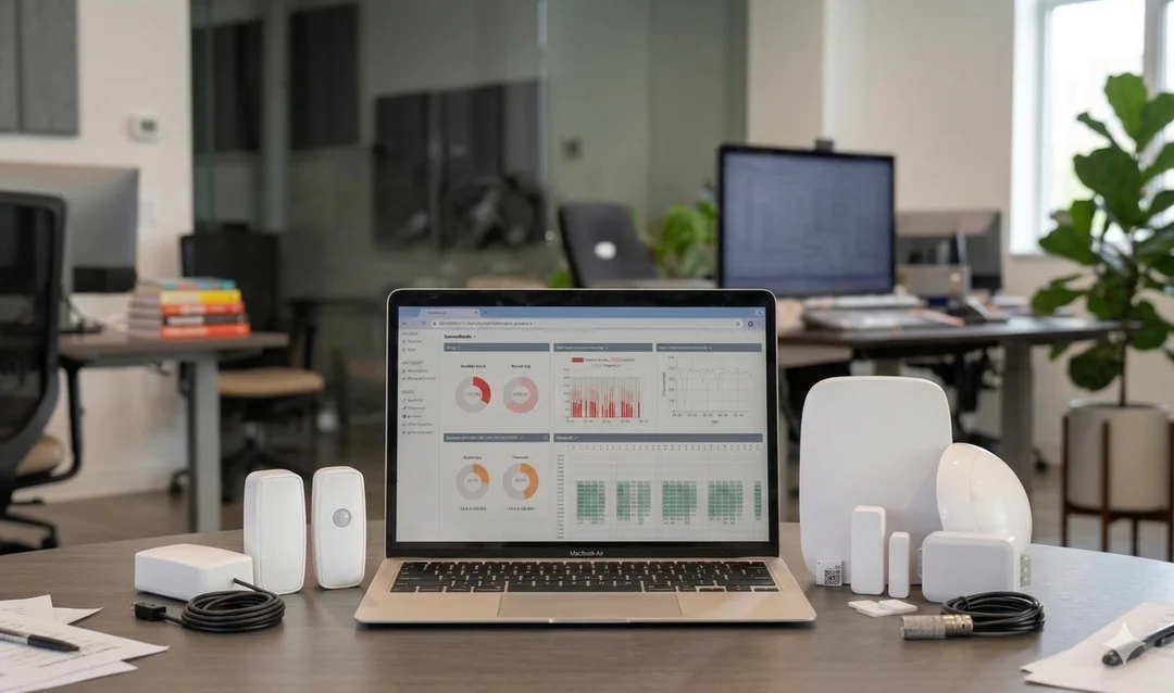 RoomAlyzer trådløse sensorer og cloud connector på et skrivebord med en bærbar, der viser overvågningsdashboardet