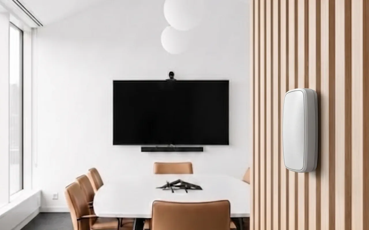 RoomAlyzer Air Mini+ sensor installed on a wall in a commercial interior, compact wireless climate monitoring