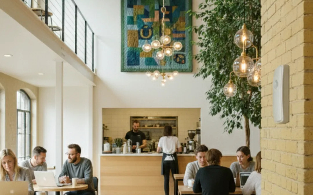 RoomAlyzer Air Mini+ PIR sensor mounted on a wall in a cafe, climate and occupancy monitoring