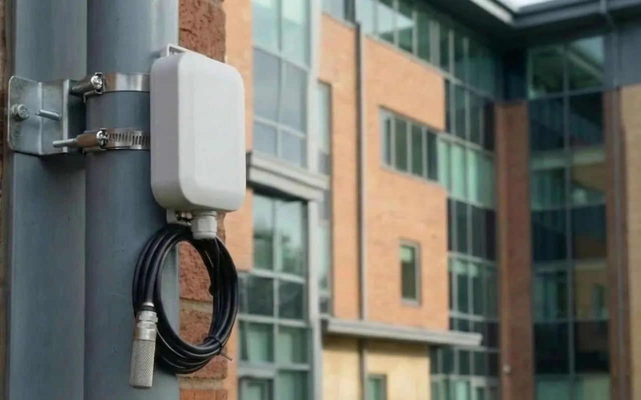 RoomAlyzer Air Outdoor sensor on an exterior wall, outdoor temperature and humidity reference