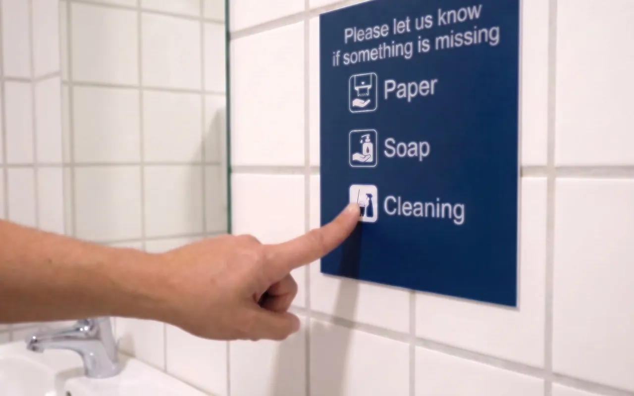 RoomAlyzer Space Touch sensor on a wall in a washroom, one-tap service requests